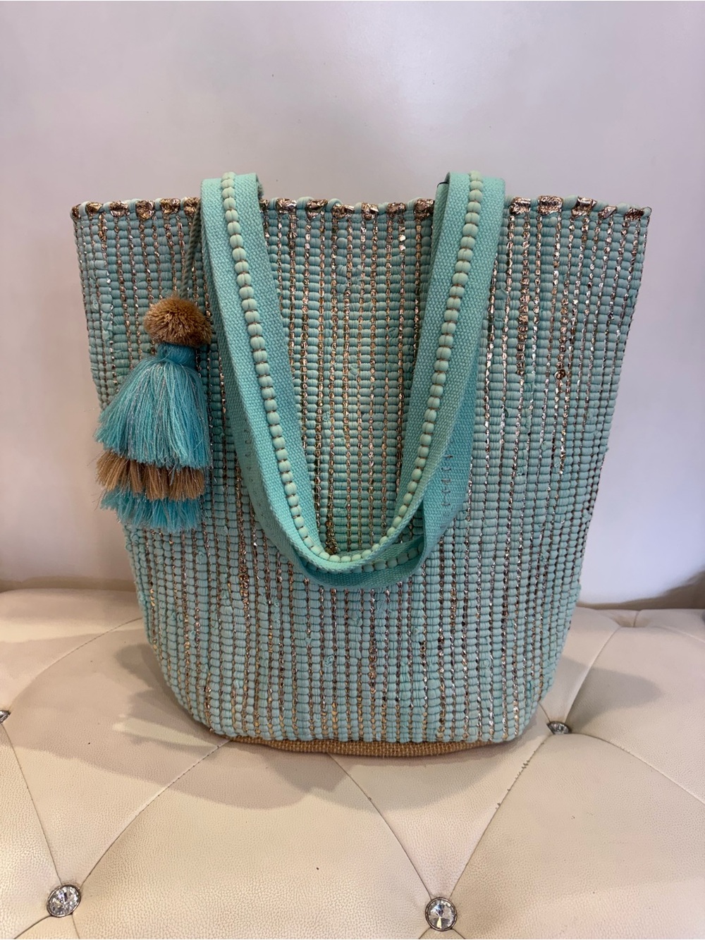 Aqua Woven Straw Tote with Tassel Accent